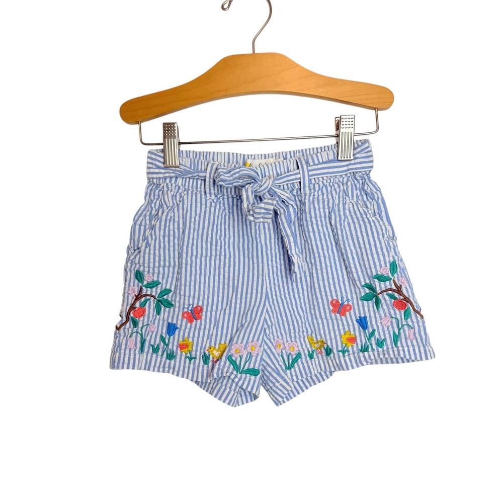 Mini Boden Girls Blue White Seersucker Striped Embroidered Floral Shorts Size 7Y